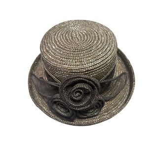 Georgi Vintage Straw Boater Hat Metallic Bronze Pewter Mesh Flower Rosette